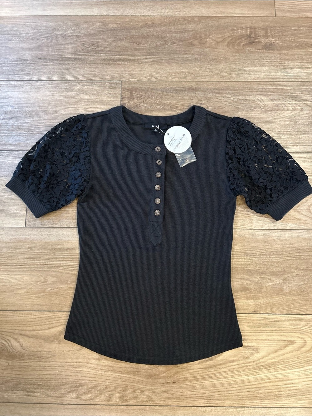NWT Mine Black Ribbed Henley Lace Puff Sleeve Top Small Feminine